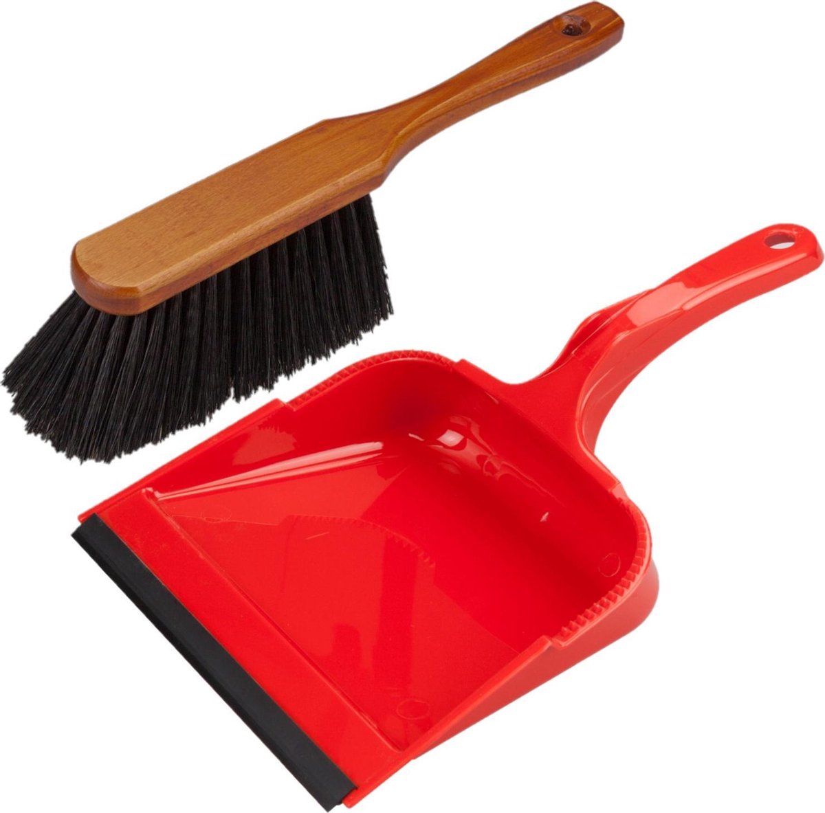 Stoffer en blik rood van kunststof/bruin gelakt hout met lip voor binnen - Zachte borstel/handveger