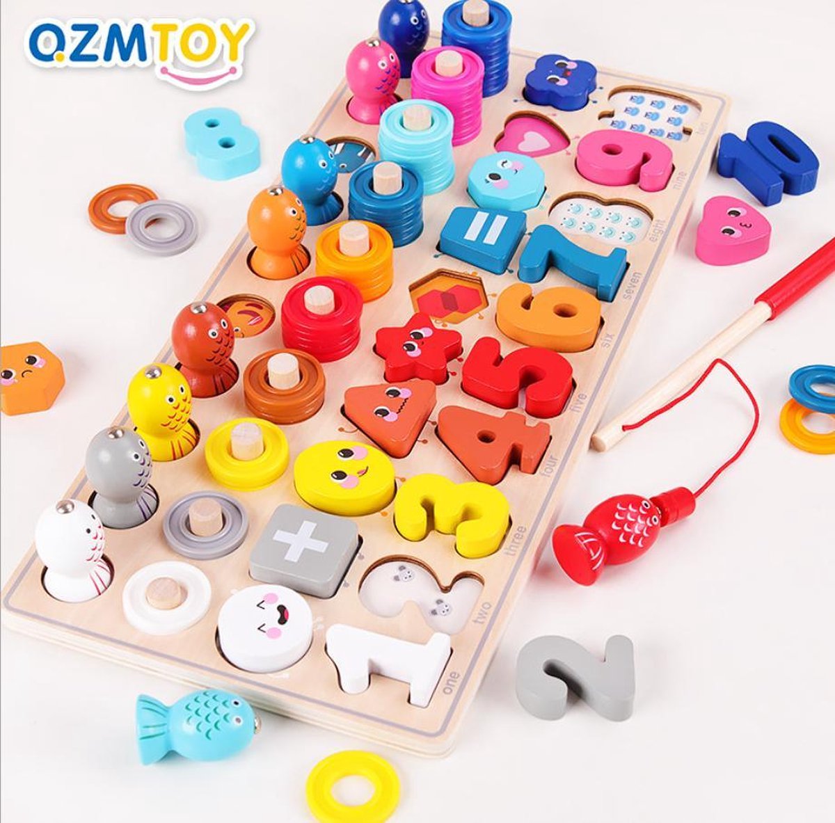 4-in-1 Visspel & Houten Nummer Puzzel & Houten Getallen Puzzel & Rekenpuzzel - Rekenen & Kleuren & Vormen & Nummer & Vormenpuzzel & Fishing Game- Tellen en stapelen - Wooden Blocks - Ik Leer Cijfers - Montessori speelgoed | Smartgames voor kinderen