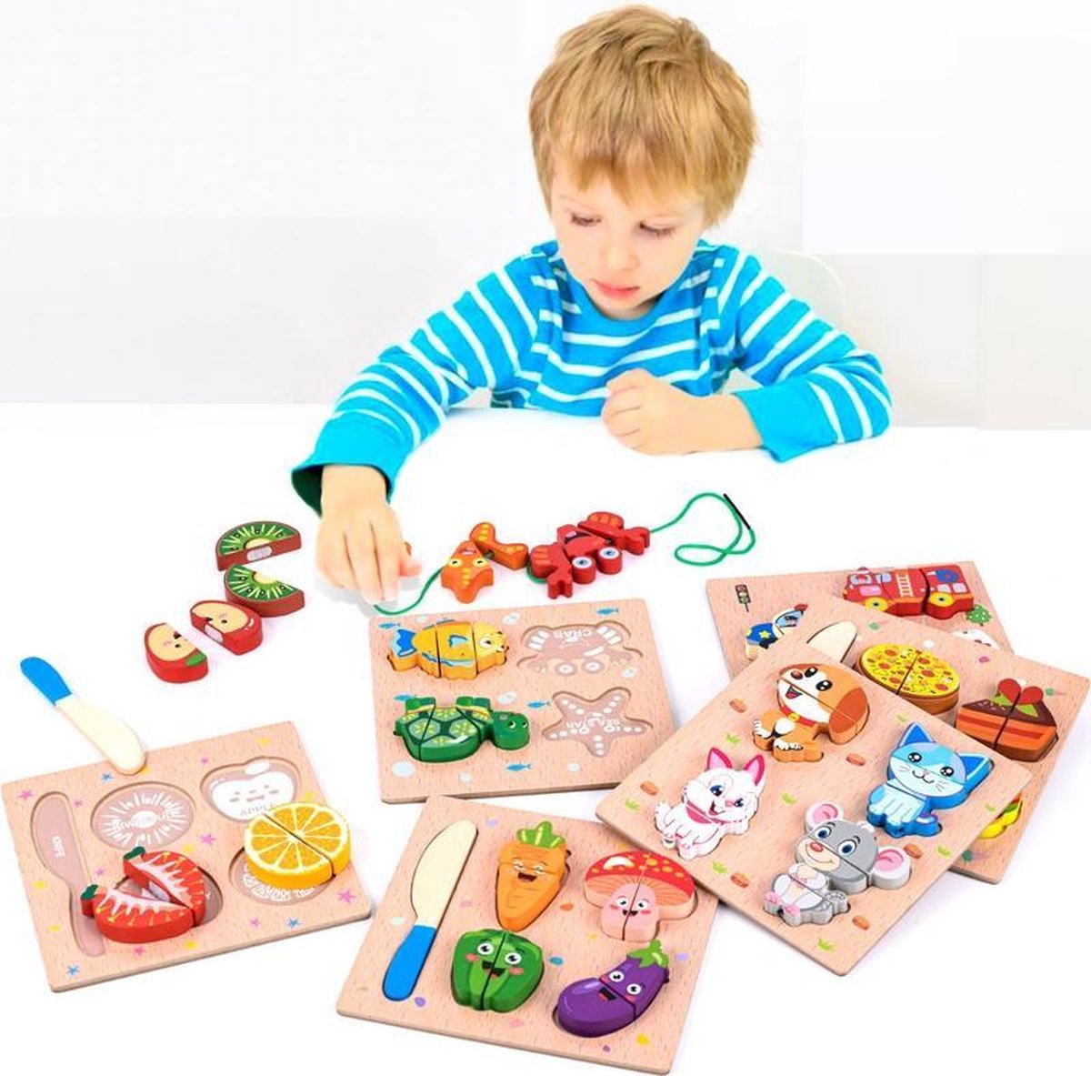 Snijset Houten Speelgoed met mesje - Heerlijk eten: Pizza + Hamburger + Donuts + Cake & Lacing Beads - Zeedieren: Zeester + Schildpad + Krab + Diepzeevis - Kinder houten vormenpuzzel