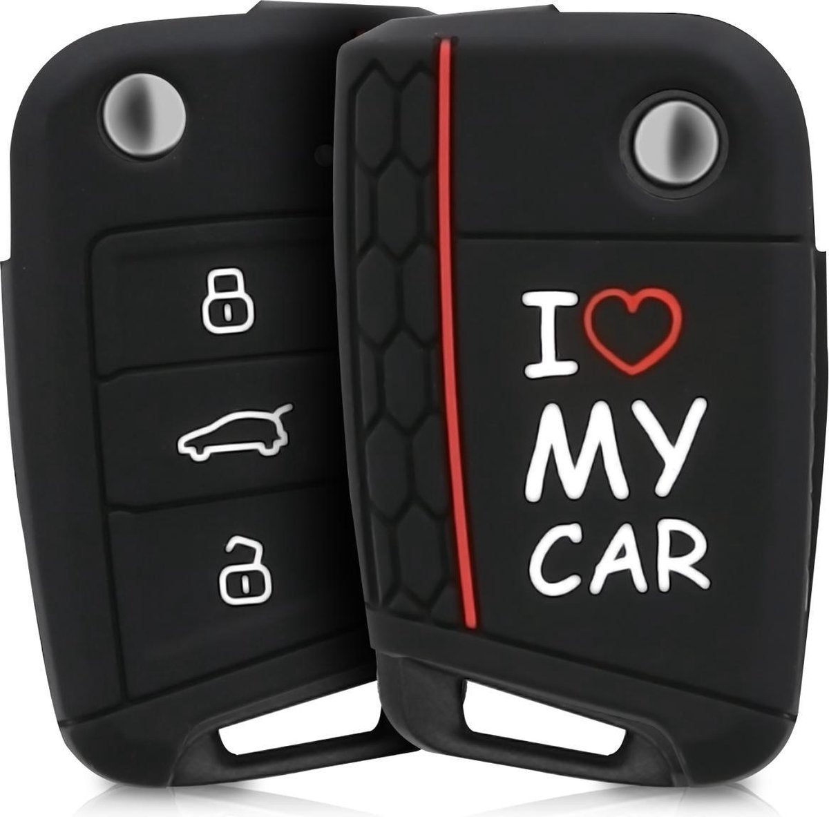 kwmobile autosleutelhoes voor VW Golf 7 MK7 3-knops autosleutel - Siliconen beschermhoes in wit / rood / zwart - I Love My Car design