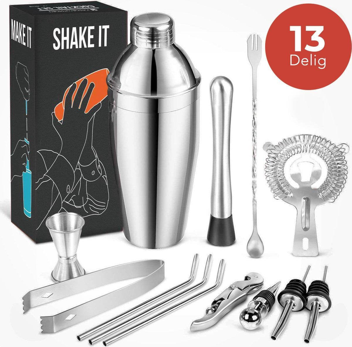 KitchenBrothers 13 Delige RVS Cocktail Shaker Set - Cadeauverpakking - Inclusief Shaker - IJsstang - Zeef - Lepel - Jigger/Maatbeker - Roerstaat - Drinkrietjes - Schenktuit - Flessenstop - Flesopener - 750 ML