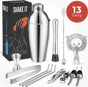KitchenBrothers 13 Delige RVS Cocktail Shaker Set - Cadeauverpakking - Inclusief Shaker - IJsstang - Zeef - Lepel - Jigger/Maatbeker - Roerstaat - Drinkrietjes - Schenktuit - Flessenstop - Flesopener - 750 ML