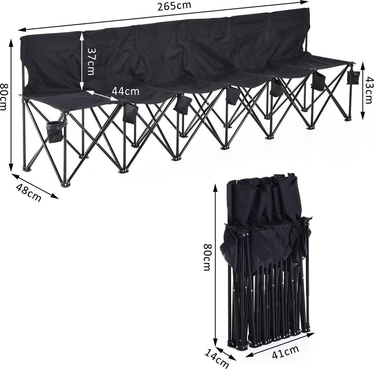 Outsunny Campingbank opvouwbaar 6-zits met draagtas zwart 279 x 48 x 80