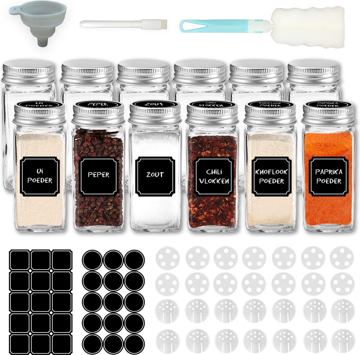 Soothe 12 Glazen Kruidenpotjes Set met 2 Soorten Strooideksels – Kruidenstrooier 120 ml – Compleet Pakket incl Kruidenpotjes Stickers