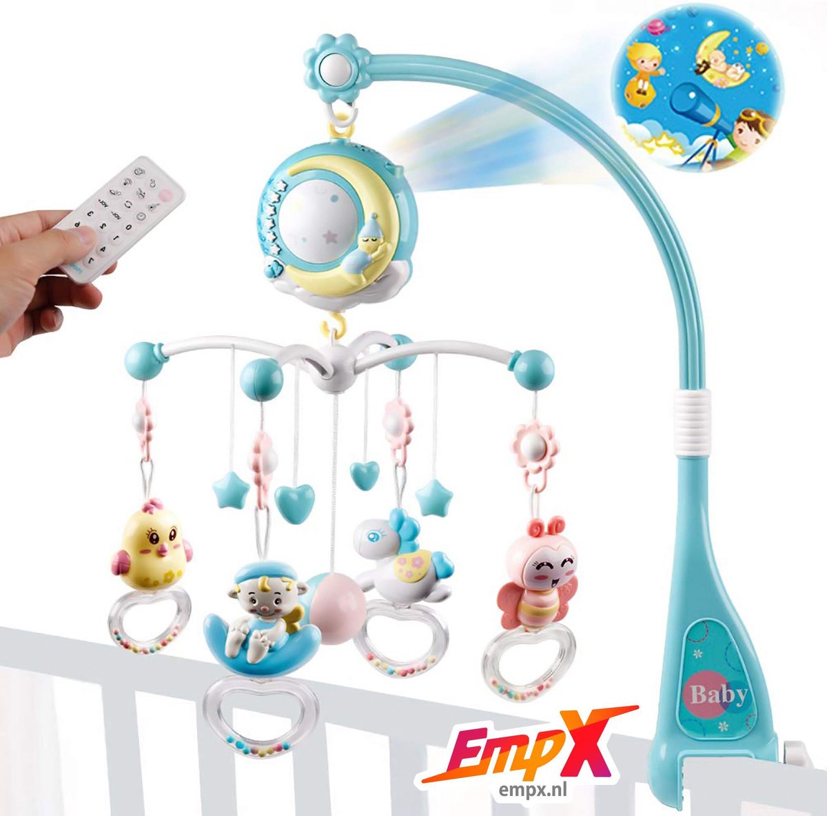 Muziekmobiel met laser projectie! - Baby muziekmobiel - Inclusief speelgoed! - Met sterren projector - Bed mobiel - Blauw - Muziek box - Met licht en geluid - Slaaphulp voor box en ledikant - Universeel pasbaar Baby Crib Mobile Muziekmobiel