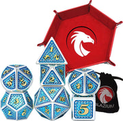 DnD Metal dice set XL Deluxe+ - Inclusief Dice Tray & Dice Bag – Azure Blauw - Dungeons and Dragons metalen dobbelstenen
