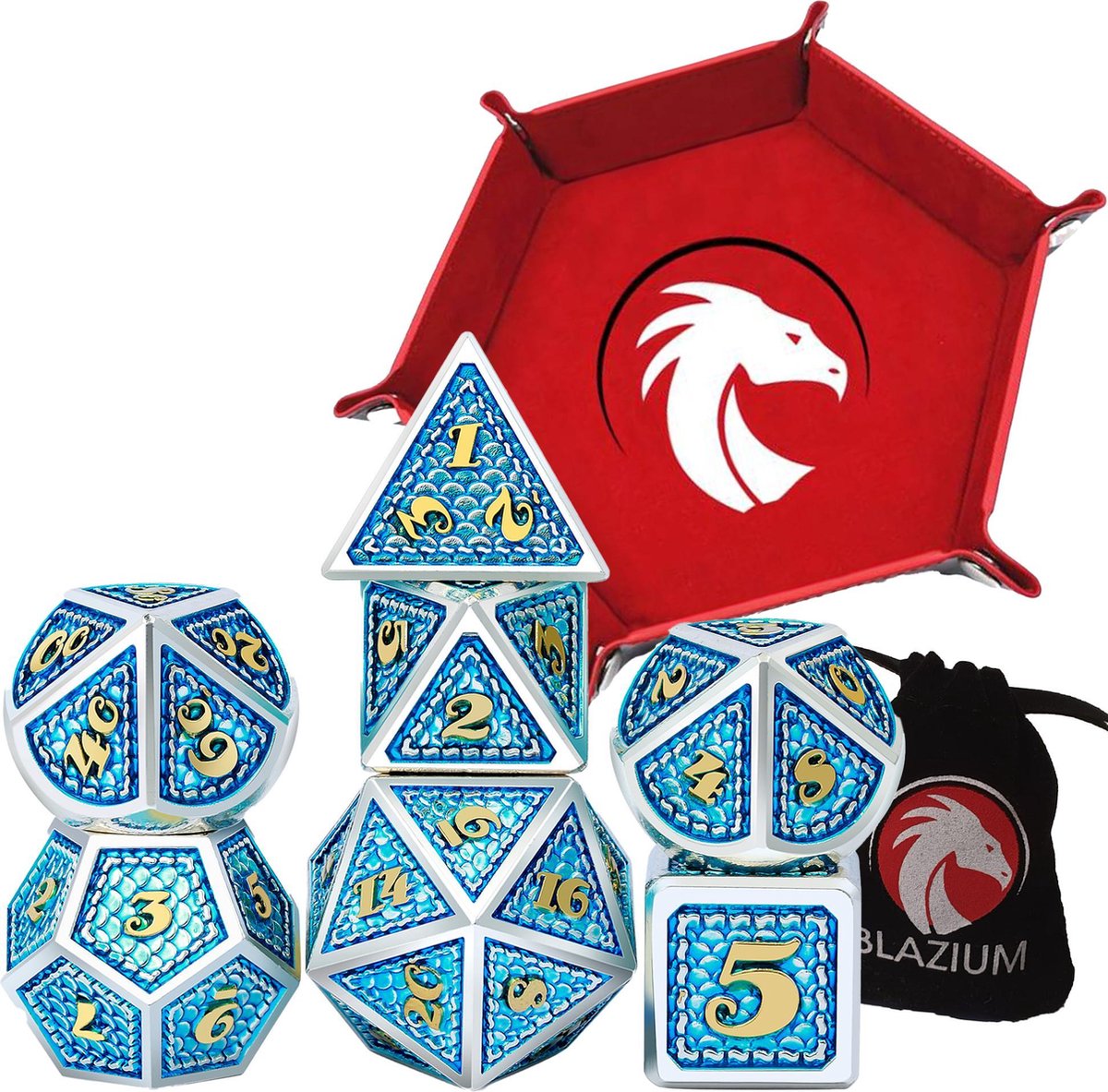 DnD Metal dice set XL Deluxe+ - Inclusief Dice Tray & Dice Bag – Azure Blauw - Dungeons and Dragons metalen dobbelstenen