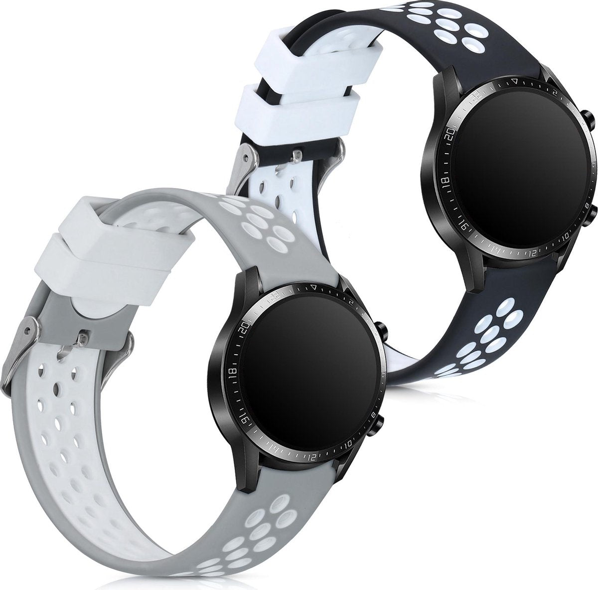 kwmobile 2x horlogeband voor Huawei Watch GT2 (46mm) - siliconen band voor fitnesstracker - zwart / wit / grijs / wit
