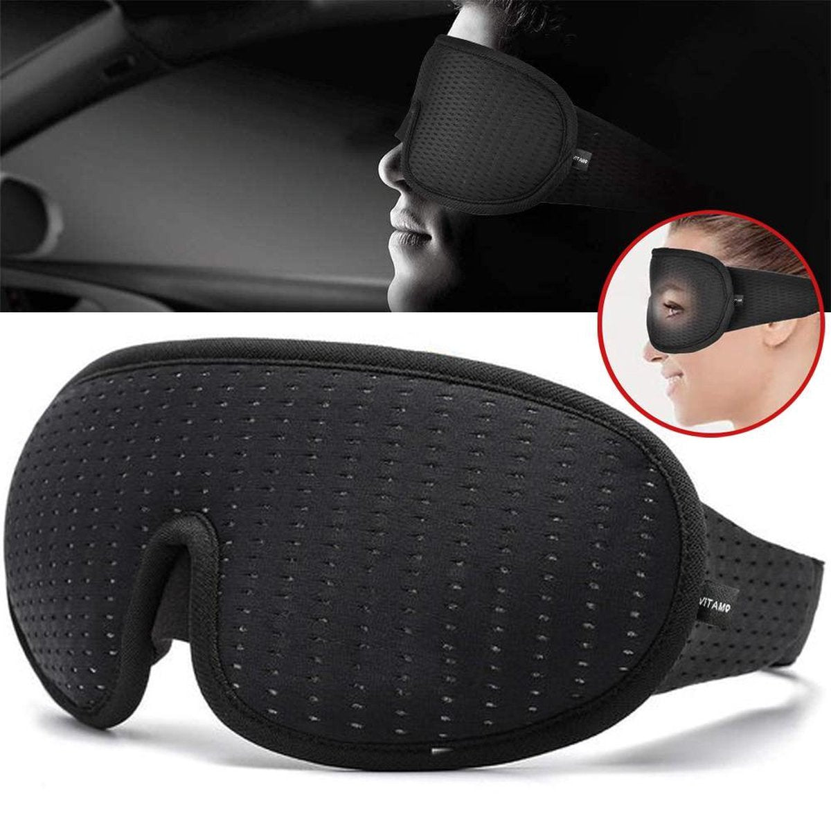 VITAMO™ Ergonomisch 3D Slaapmasker - 100% Verduisterend Oogmasker - Verstelbaar - Unisex - Traagschuim - Blinddoek - Cadeau Tip - Zwart