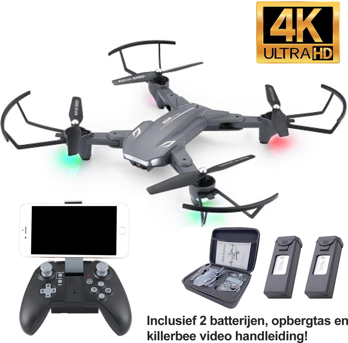 XS816 Battleshark drone met camera - 4K camera - inclusief opberg tas - met optical flow sensor - Gratis killerbee video handleiding / tutorials - 2 batterijen 40 minuten vliegtijd! - 2 camera's - NL handleiding
