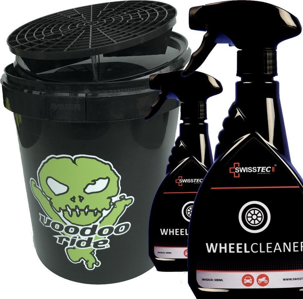 Velgenreiniger SwissTec Wheelcleaner 2 x 500ml + VooDoo Ride 15 Ltr emmer + Grit Twv € 57
