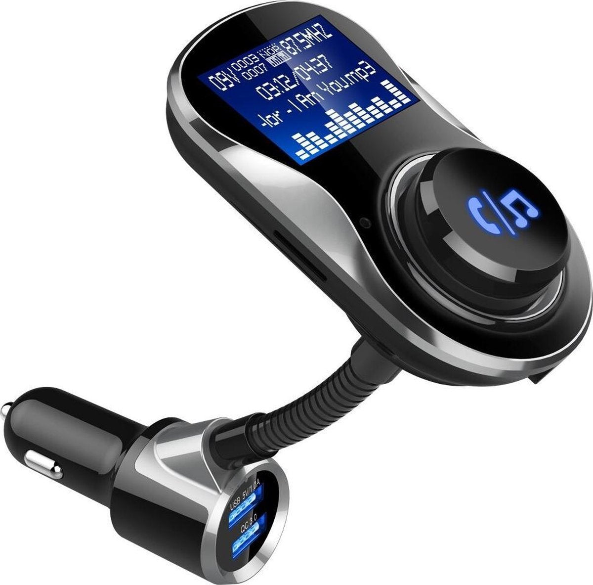 DrPhone BC30 - Bluetooth Auto Carkit- FM Transmitter - AUX + Micro SD - Hands Free Bellen  - MP3 - Geschikt voor iPhone / iOS / Android Samsung– Zwart