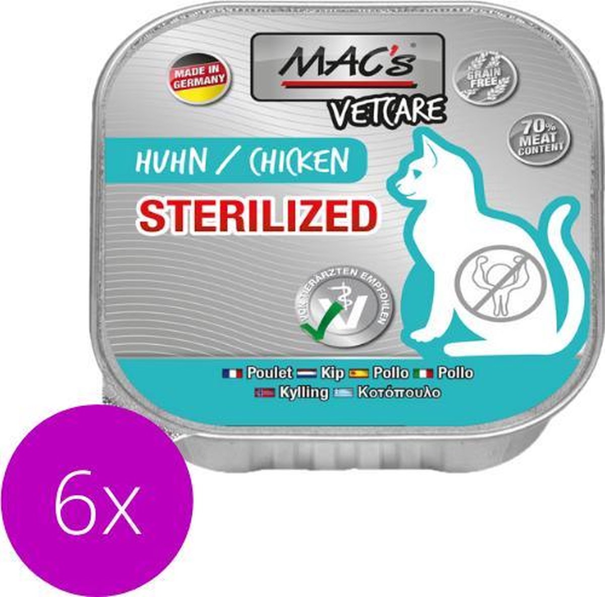 MACs Vetcare Kattenvoer - gesteriliseerde kat - 70% Kippenvlees - 6 x 100g