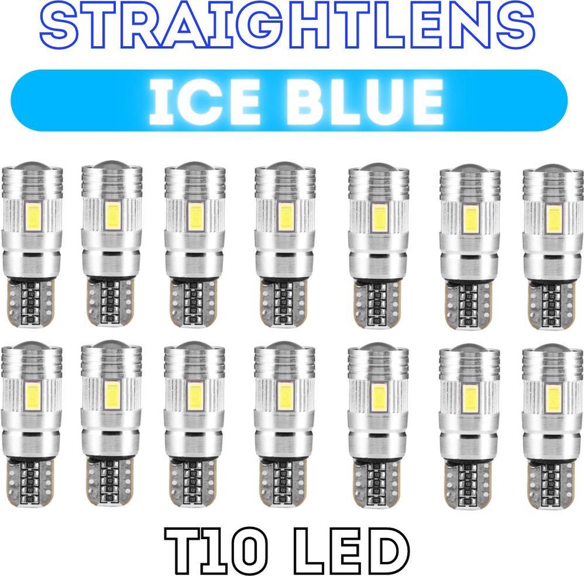 14x T10 Led Canbus HQ Ice Blue Straightlens standlicht - interieurverlichting - nummerplaatverlichting