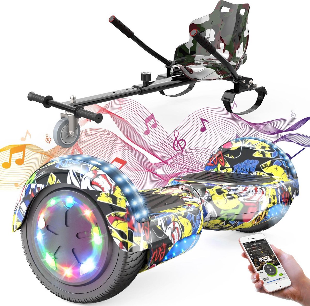 Evercross Hoverboard 6.5 Inch | Flits Wielen | Bluetooth Speaker | LED verlichting | Hiphop + Hoverkart Camouflage