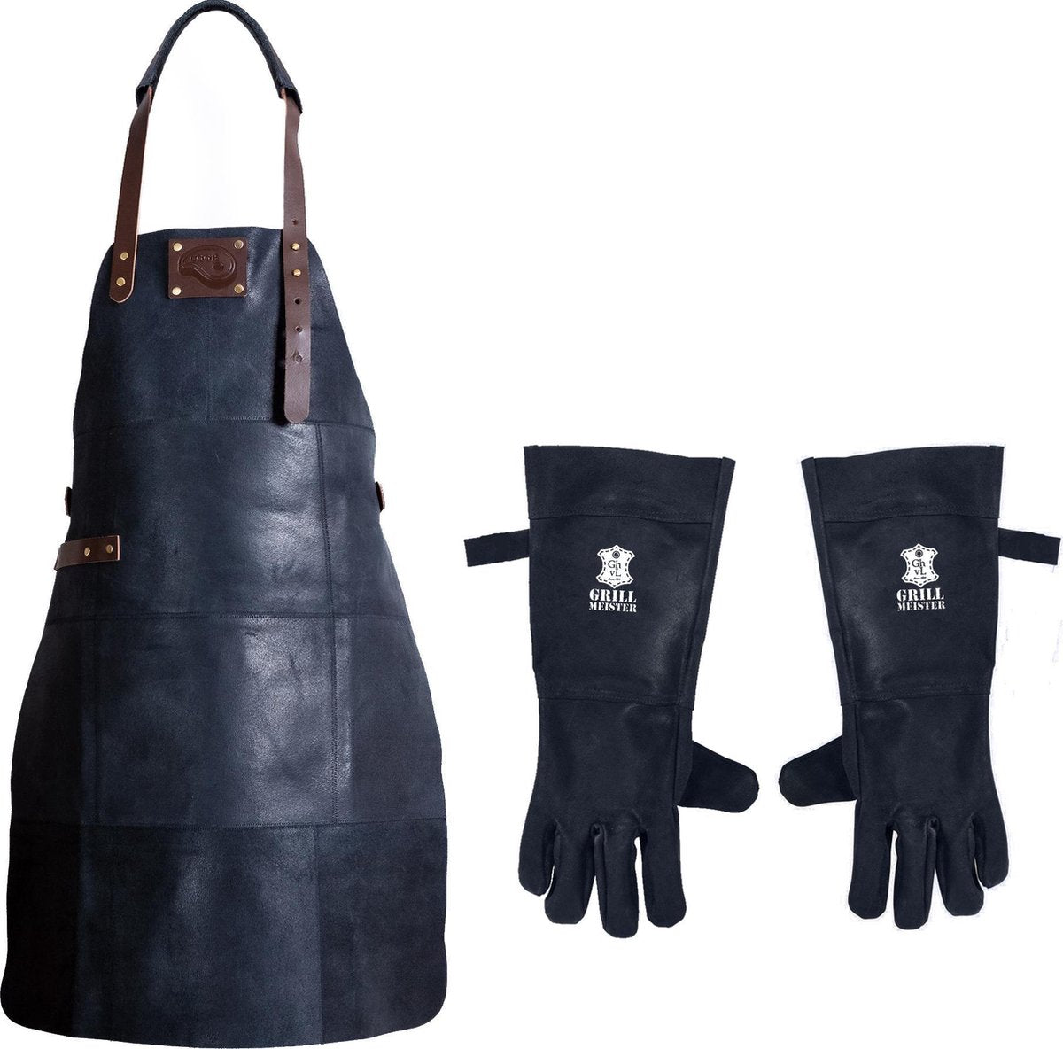 Leren Schort + Leren Handschoenen - Lederen Schort – ZWART - Kokschort - BBQ Schort - Kookschort - Vaderdag - Kerst Cadeau voor Man Vader Opa Papa – 81 cm x 56 cm Inclusief Handschoenen voor de Barbecue