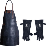 Leren Schort + Leren Handschoenen - Lederen Schort – ZWART - Kokschort - BBQ Schort - Kookschort - Vaderdag - Kerst Cadeau voor Man Vader Opa Papa – 81 cm x 56 cm Inclusief Handschoenen voor de Barbecue