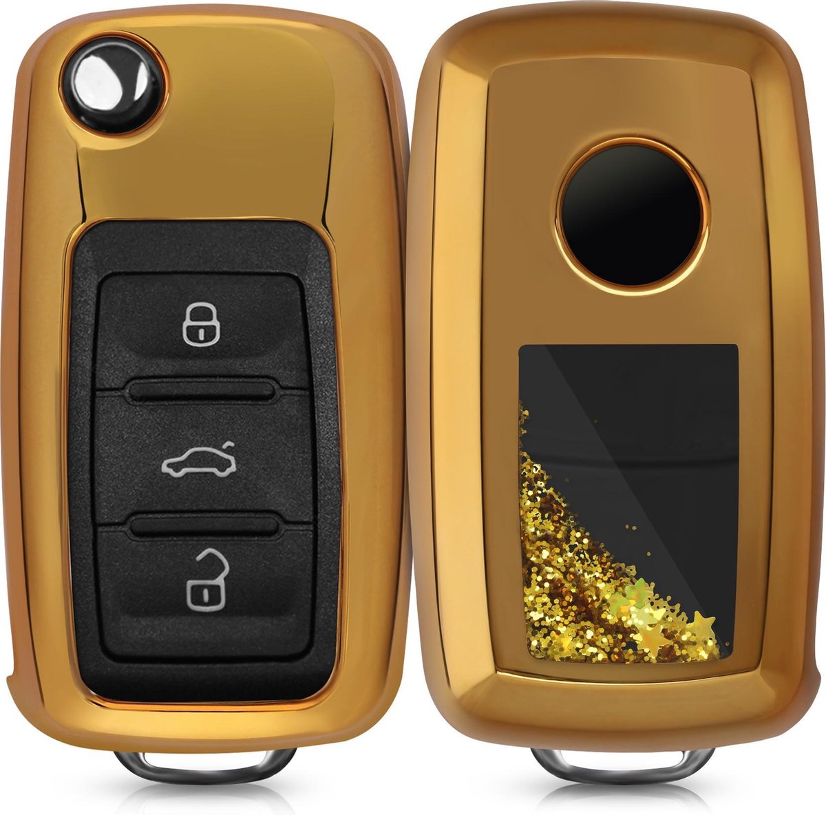 kwmobile autosleutelhoesje voor VW Skoda Seat 3-knops autosleutel - sleutelcover van TPU in goud / metallic goud - Sneeuwbol met Sterren design