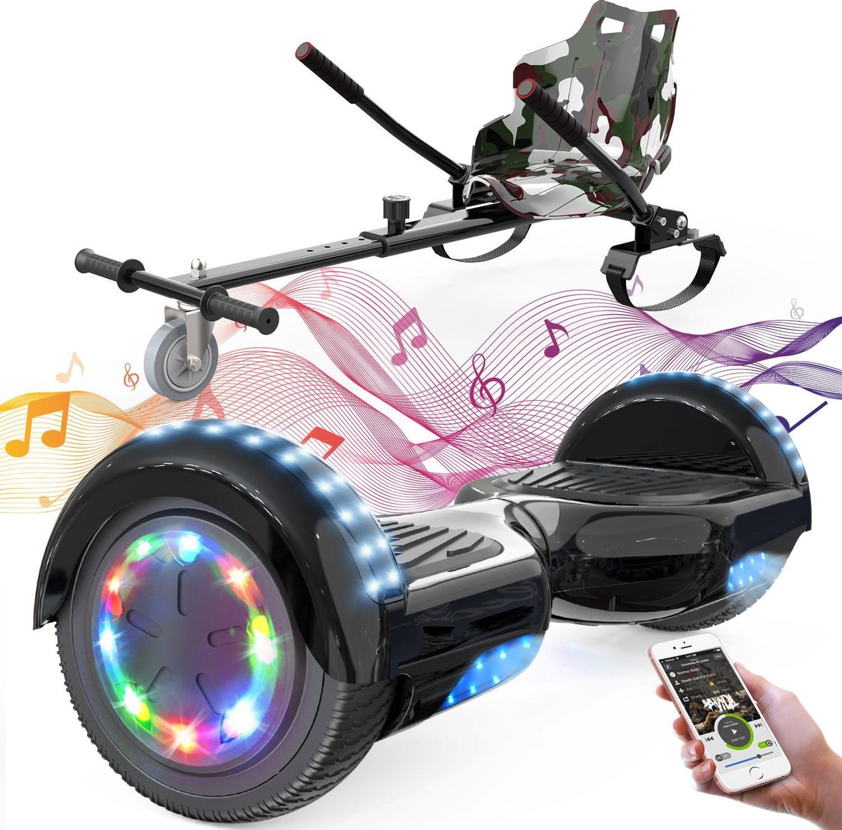 Evercross Hoverboard 6.5 Inch | Flits Wielen | Bluetooth Speaker | LED verlichting | Zwart + Hoverkart Camouflage