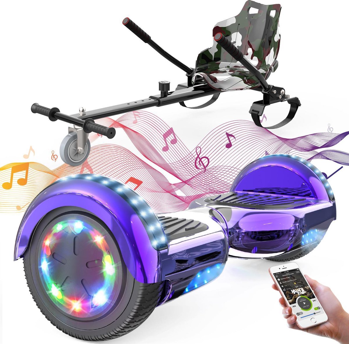 Evercross Hoverboard 6.5 Inch | Flits Wielen | Bluetooth Speaker | LED verlichting | Paars Chroom + Hoverkart Camouflage