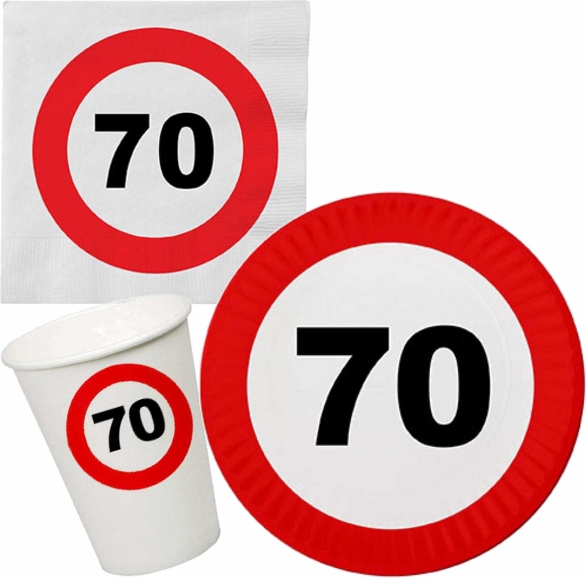 Verjaardag feestartikelen tafel dekken set 70 jaar verkeersbord/stopbord thema - 16x bordjes - 16x bekertjes - 16x servetten