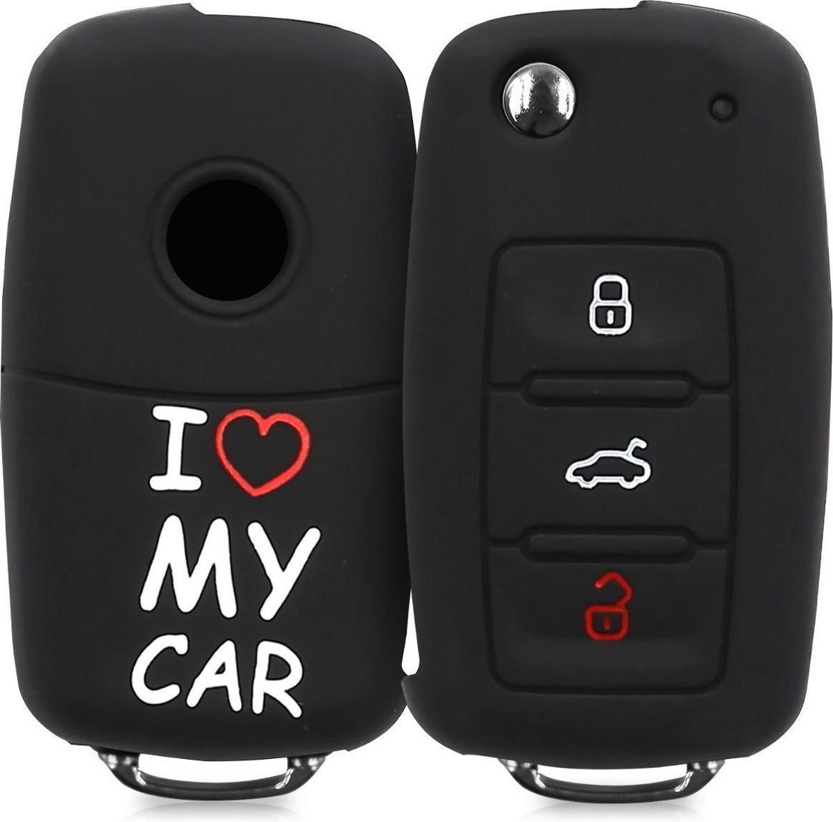 kwmobile autosleutelhoes voor VW Skoda Seat 3-knops autosleutel - Siliconen beschermhoes in wit / rood / zwart - I Love My Car design