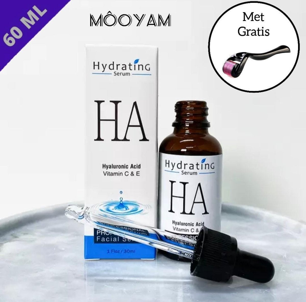 MÔOYAM Hyaluronzuur Serum Met Vitamine C & E - Gezichtsverzorging – Gezicht Serum - Anti Rimpel - Retinol - Verminderd Acne - 60ML - Met Gratis Masker & Derma Roller