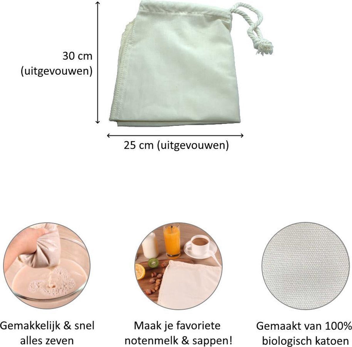 Notenmelkzak biologisch - Kaasdoek - Zeefzak - Neteldoek - Passeerdoek - 25x30cm