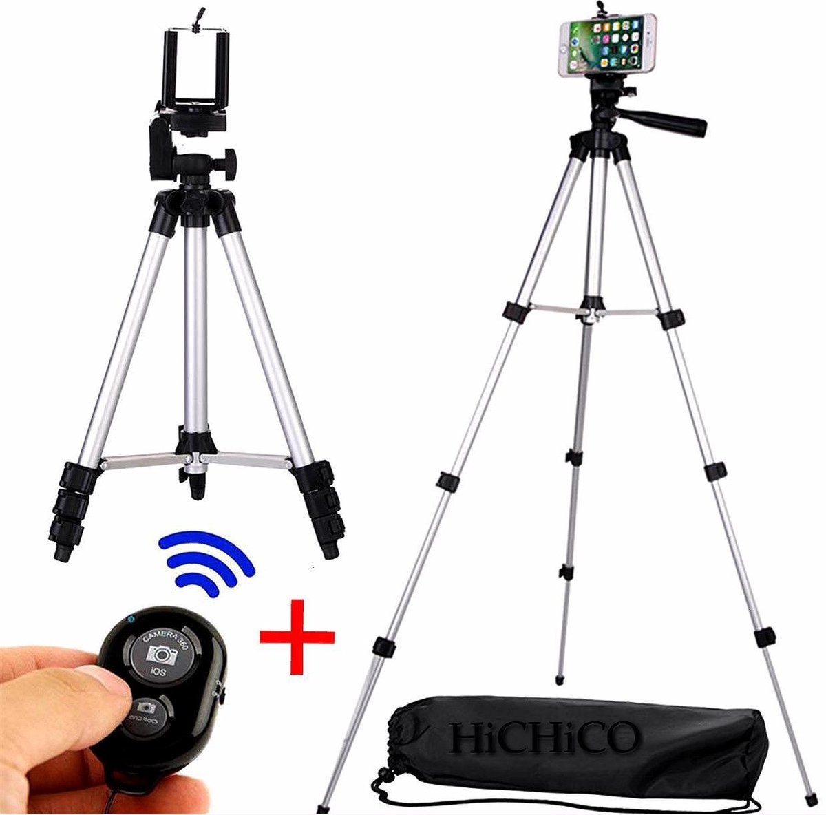 Tripod Camera Statief Zilver Voor Fotocamera en Smartphone + Bluetooth Remote Shutter – HiCHiCO