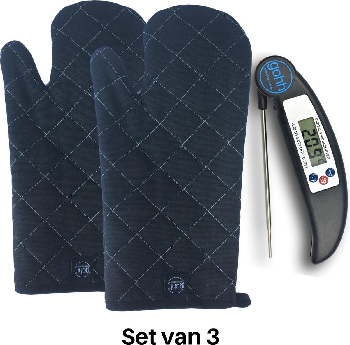 Gohh® Canvas Ovenwanten 2 stuks en 1 Digitale Vleesthermometer (beiden zwart)