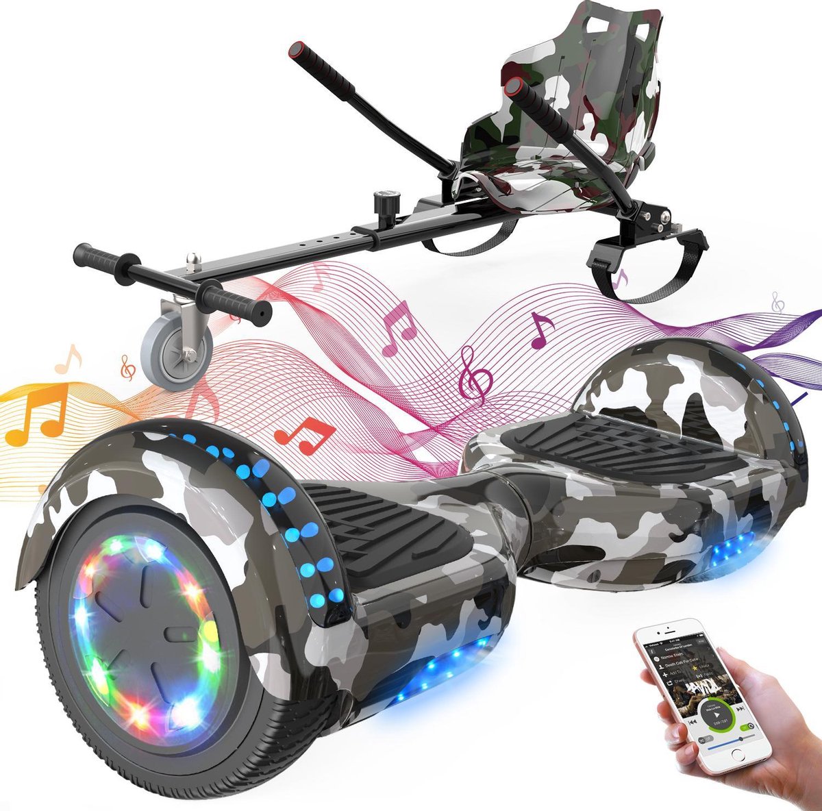 Evercross Hoverboard 6.5 Inch | Flits Wielen | Bluetooth Speaker | LED verlichting | Camouflage + Hoverkart Camouflage