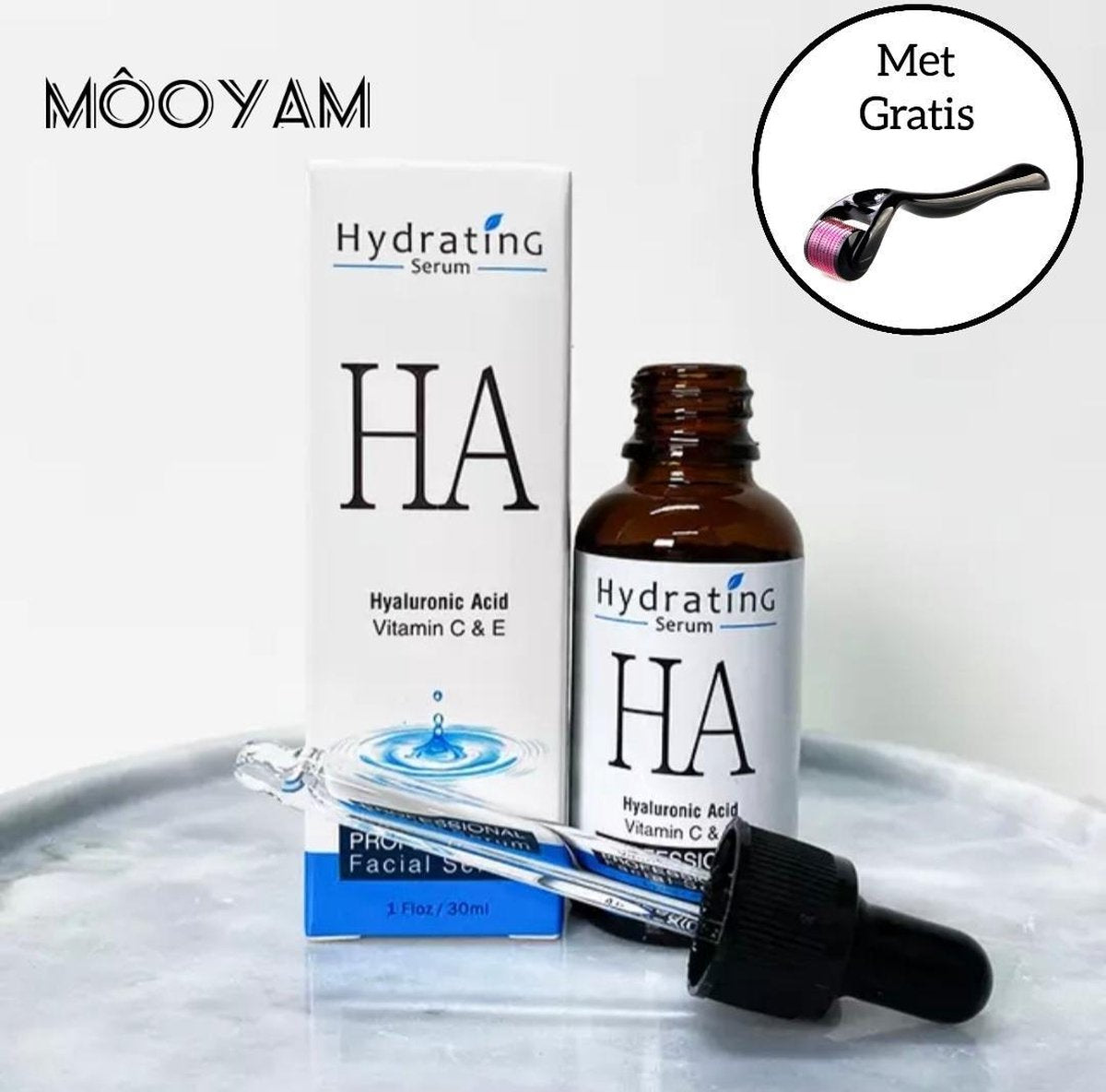 MÔOYAM Hyaluronzuur Serum Met Vitamine C & E - Gezichtsverzorging – Gezicht Serum - Anti Rimpel - Retinol - Verminderd Acne - Met Gratis Masker & Derma Roller