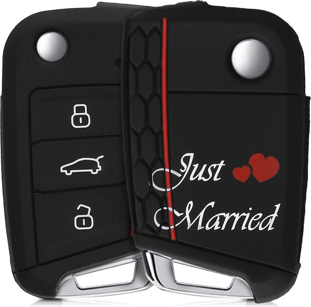 kwmobile autosleutelhoes voor VW Golf 7 MK7 3-knops autosleutel - Siliconen beschermhoes in wit / rood / zwart - Just Married design