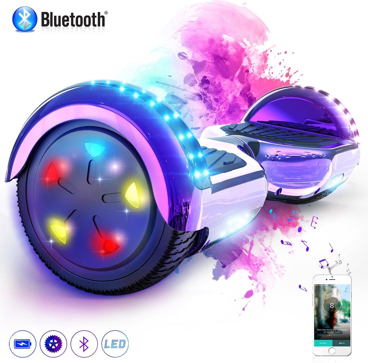 Evercross Hoverboard 6.5 Inch | Flits Wielen | Bluetooth Speaker | LED verlichting | Paars Chroom