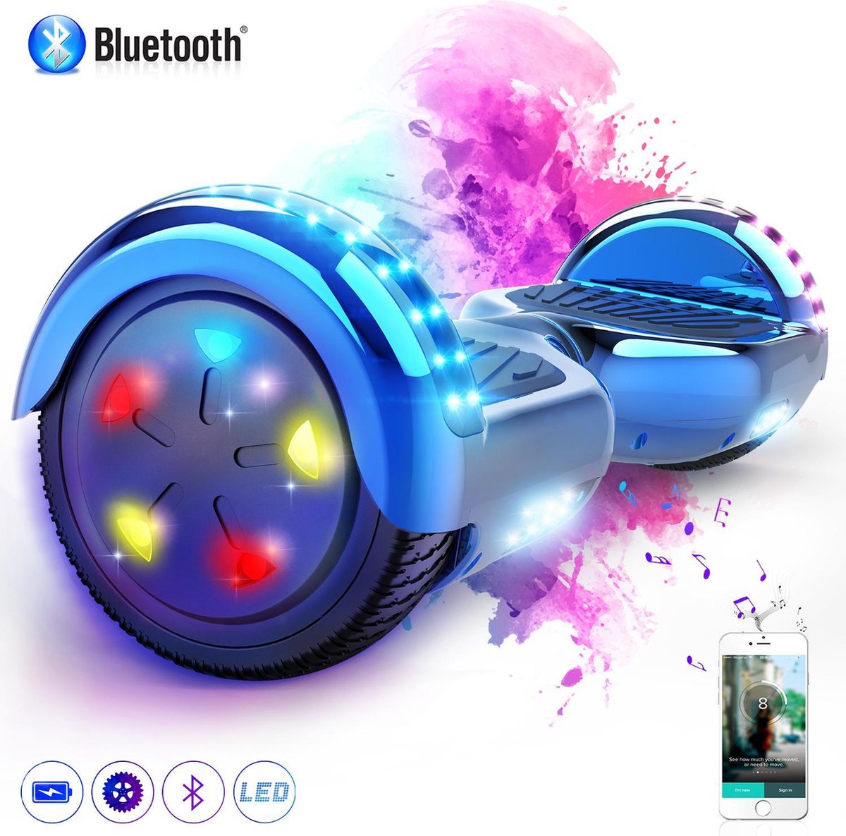 Evercross Hoverboard 6.5 Inch | Flits Wielen | Bluetooth Speaker | LED verlichting | Blauw Chroom