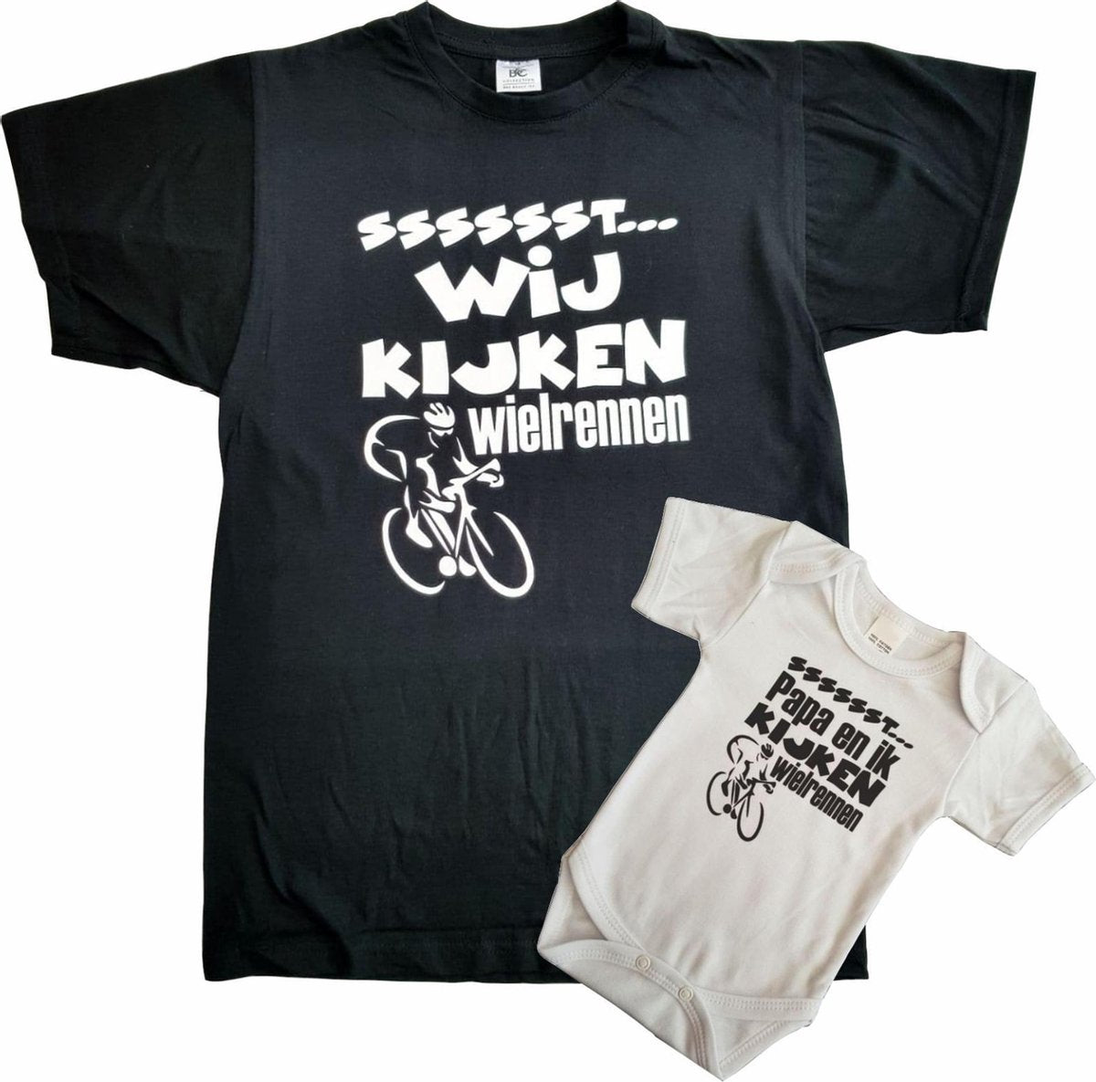 Set t-shirt en romper met "Sssssst... Wij kijken wielrennen" en "Sssssst... Papa en ik kijken wielrennen" - maat t-shirt L - maat romper 80 - vaderdag