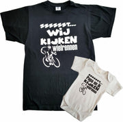 Set t-shirt en romper met "Sssssst... Wij kijken wielrennen" en "Sssssst... Papa en ik kijken wielrennen" - maat t-shirt L - maat romper 80 - vaderdag