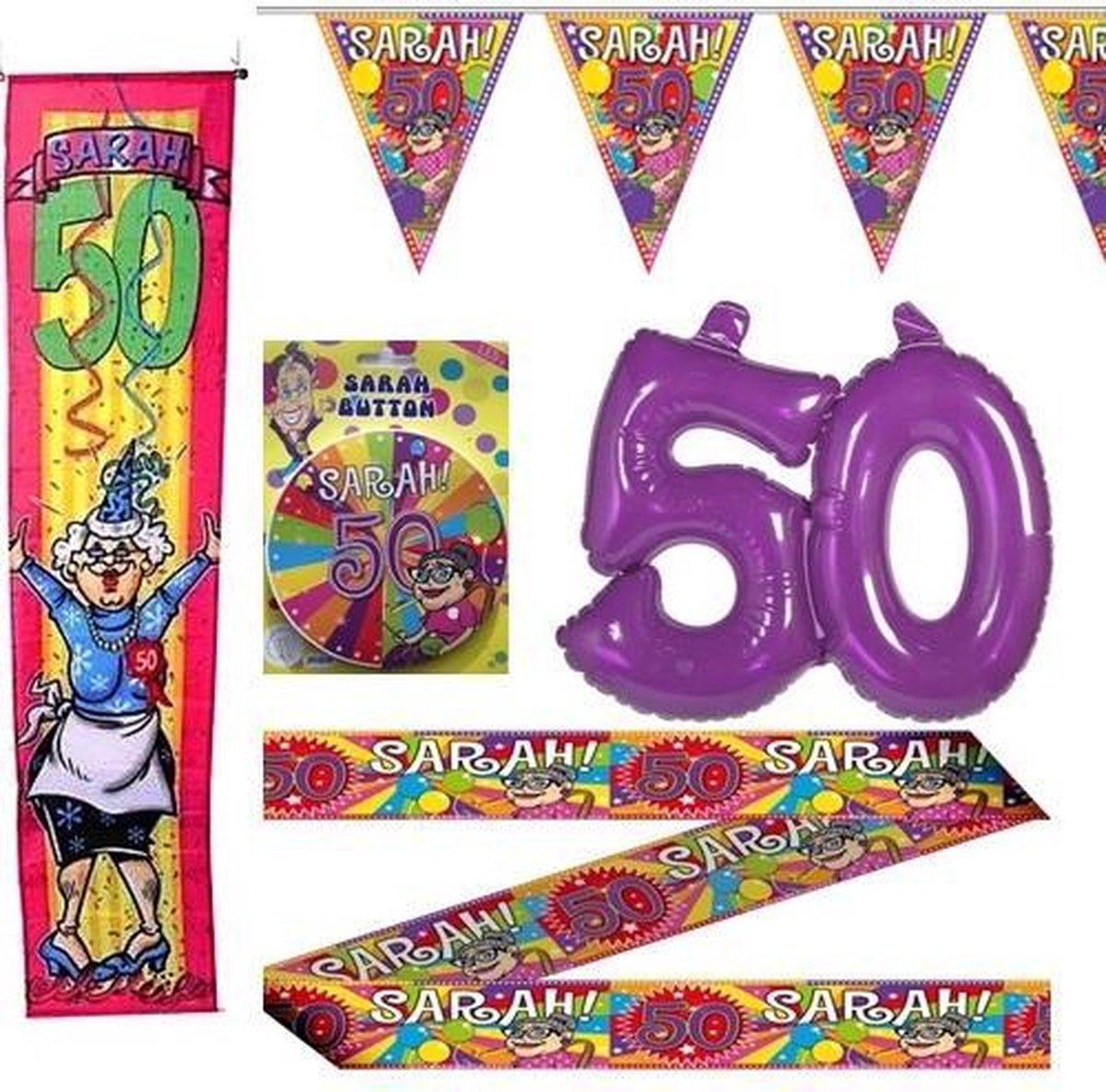 Sarah Feestpakket | Sarah | 50 jaar | Ballonnen | Afzetlint | Slingers | Banner | Button