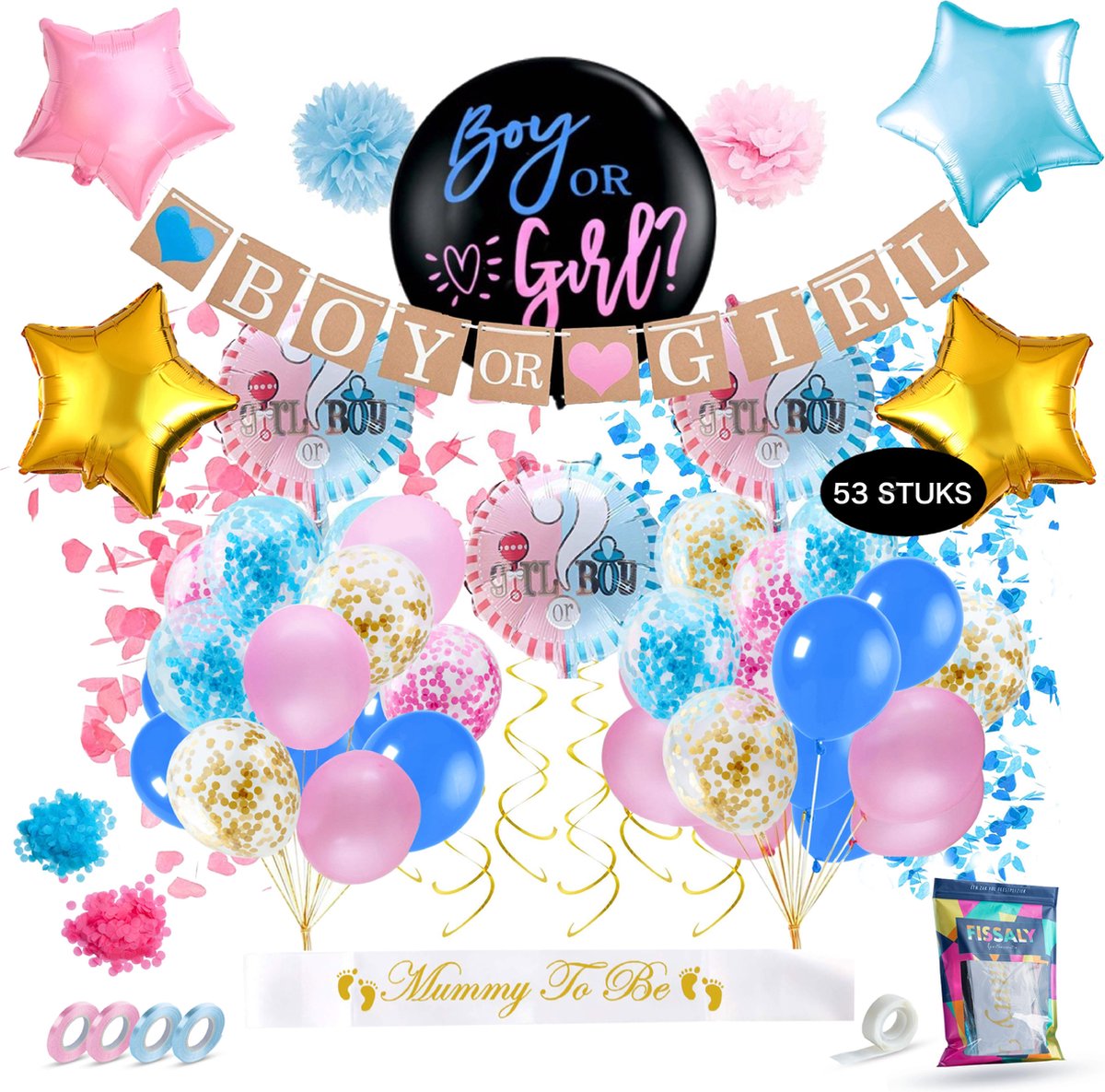 Fissaly® 53 Stuks Gender Reveal Baby Shower Ballonnen Decoratie Feestpakket – Geslachtsbepaling & Babyshower