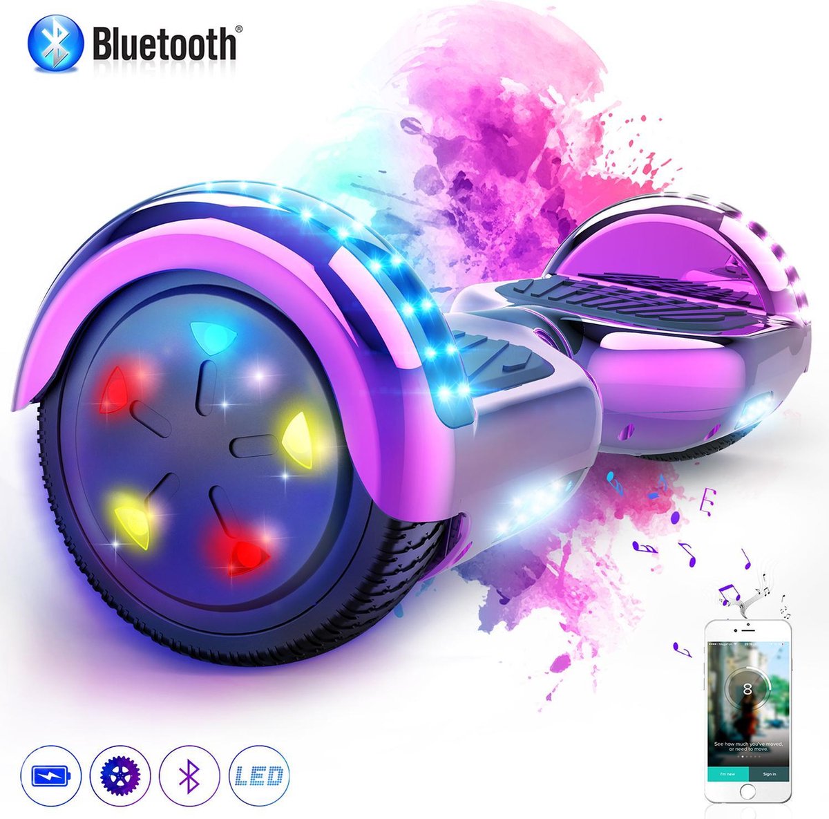 Evercross Hoverboard 6.5 Inch | Flits Wielen | Bluetooth Speaker | LED verlichting | Roze Chroom