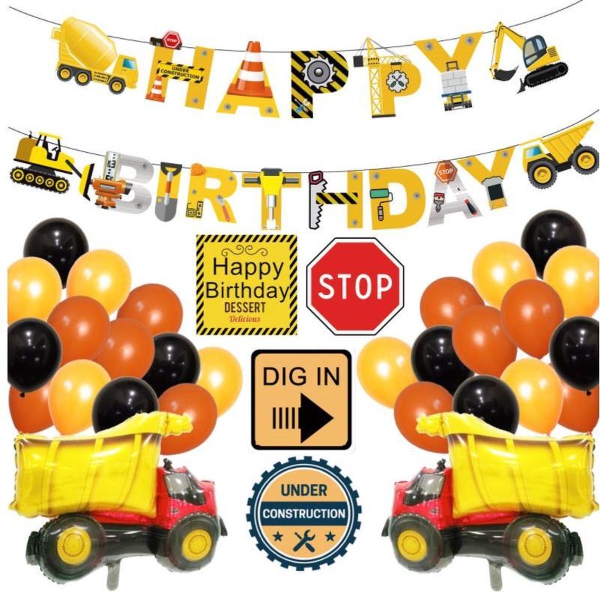 Feestopstelling - Feest Set - Verjaardagsfeest - Versiering Set - Viering - Happy Birthday - Party Set - Set Up - Servies - Mes Vork - Bordje - Banier - Speelgoed - Cadeautasje - Rietje - Versieren - Decoration - Engineering Thema - Engineering Theme