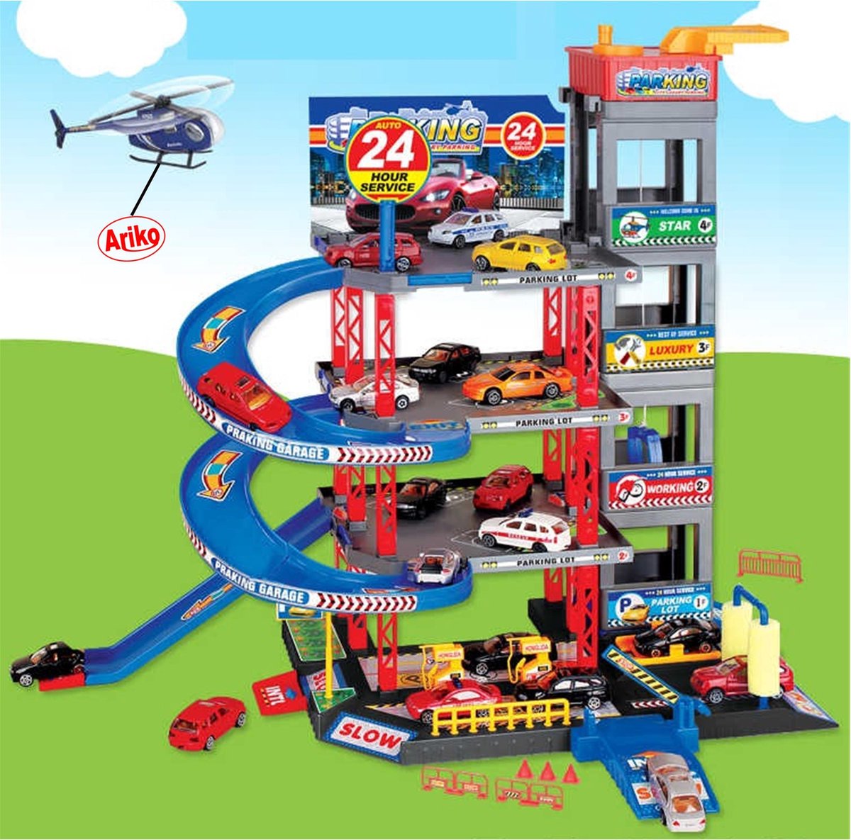 Ariko XXL parkeergarage - garage speelset - 4 auto's - helicopter - lift - wasstraat - helicopter platform - accessoires