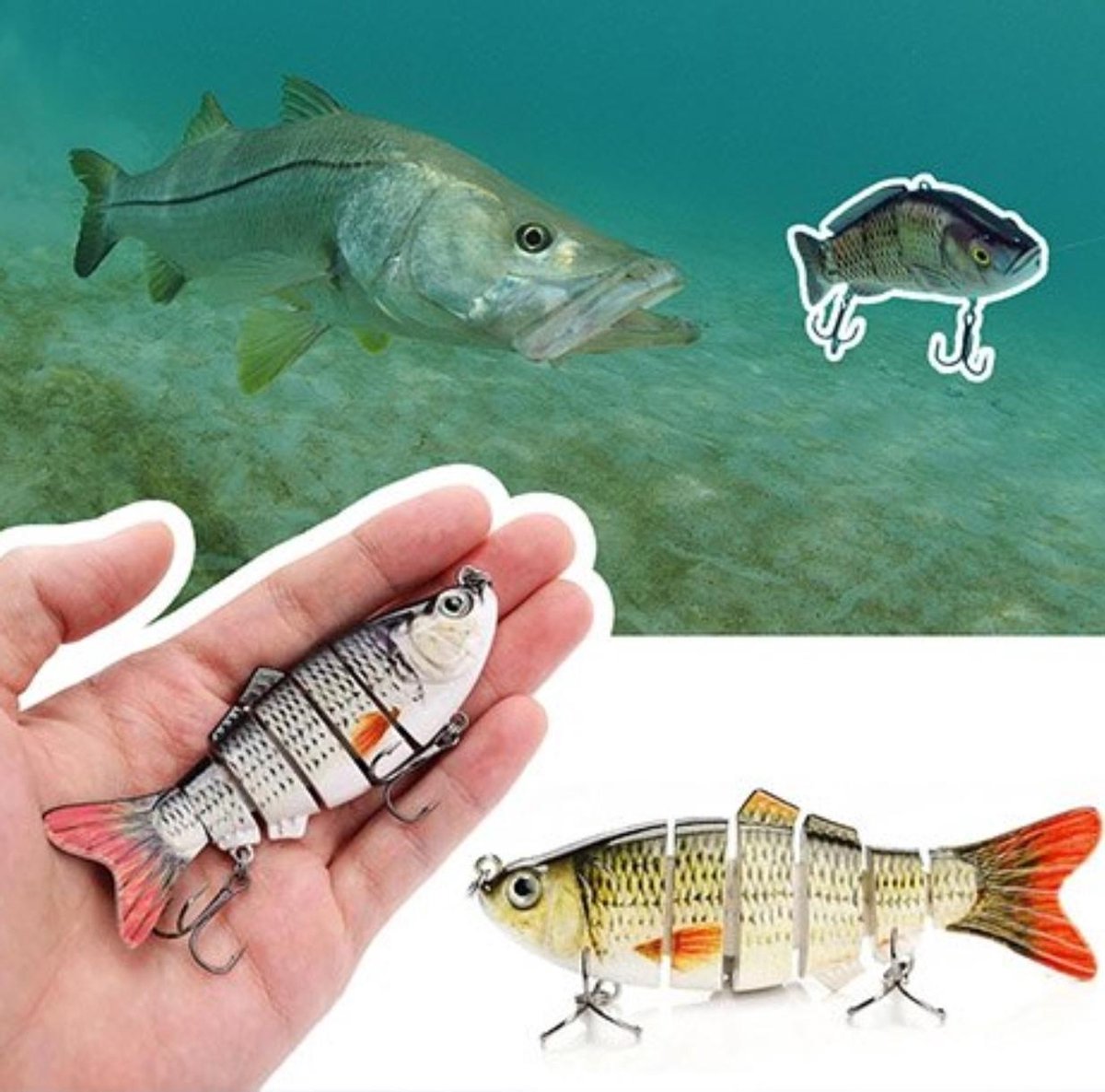 Realistische kunstaas "Multiplaza" met 6 swimbait - segmenten 10 cm - 18 gram - Lokaas - Hengelsport - vissen - snoek - 3d ogen - levendig - roofvissen