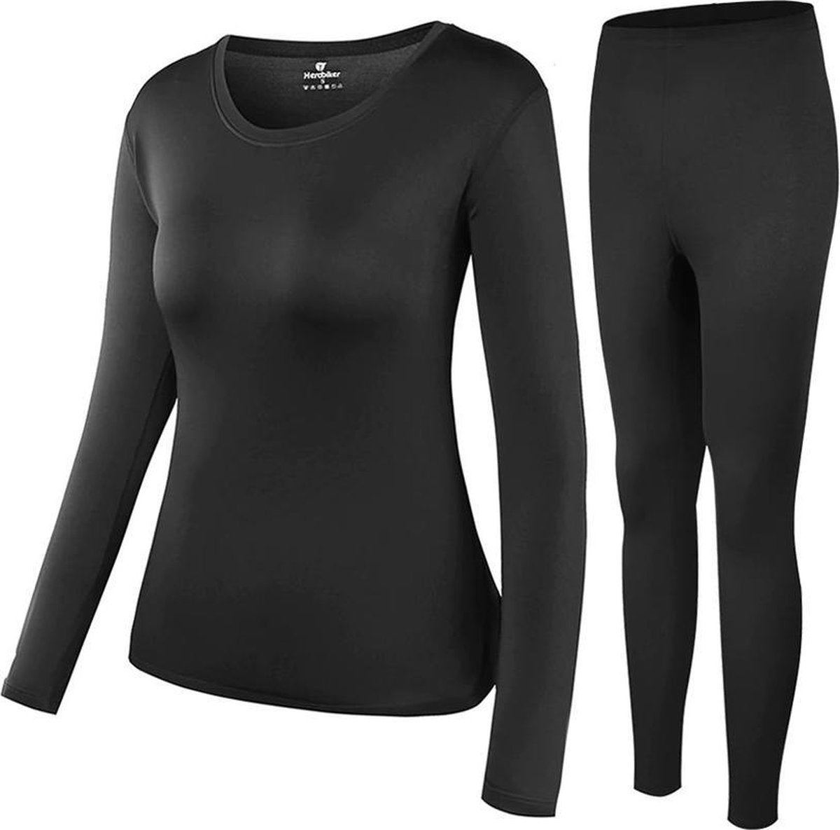 Fietskleding - Motorkleding - Skikleding - Dames - Broek & Shirt Set - Thermo Compressie Fleece Onderkleding - Zwart - Maat L