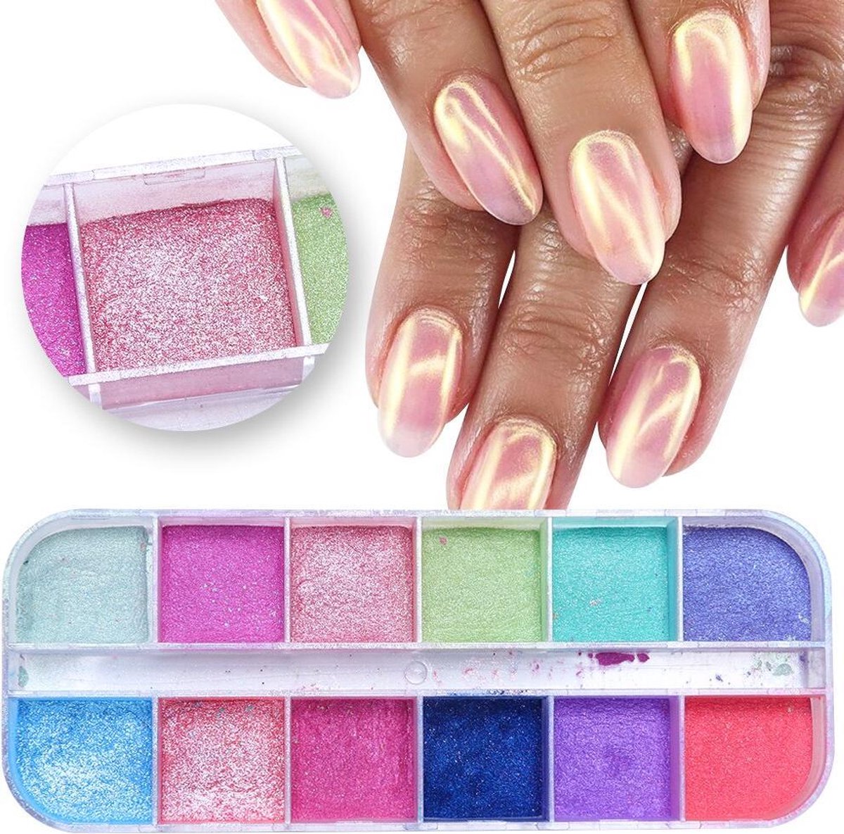 12 kleuren nagelpoeder parelmoer