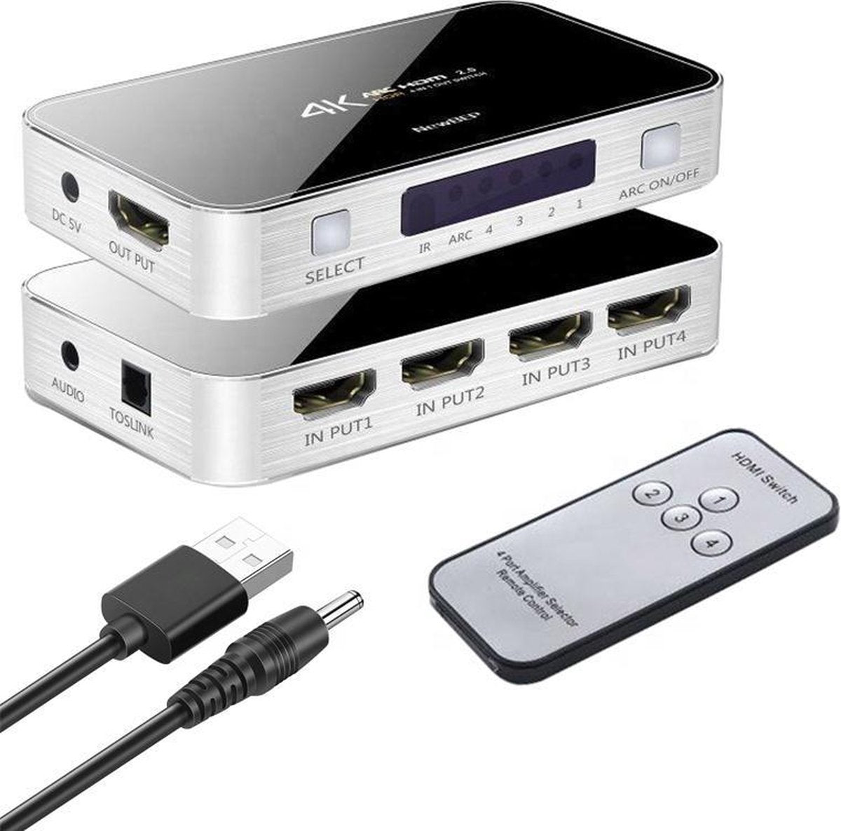HDMI Switch 4 in 1 uit poort (2020) + afstandsbediening | 4K@60Hz | Aux & SPDIF ingang | ARC