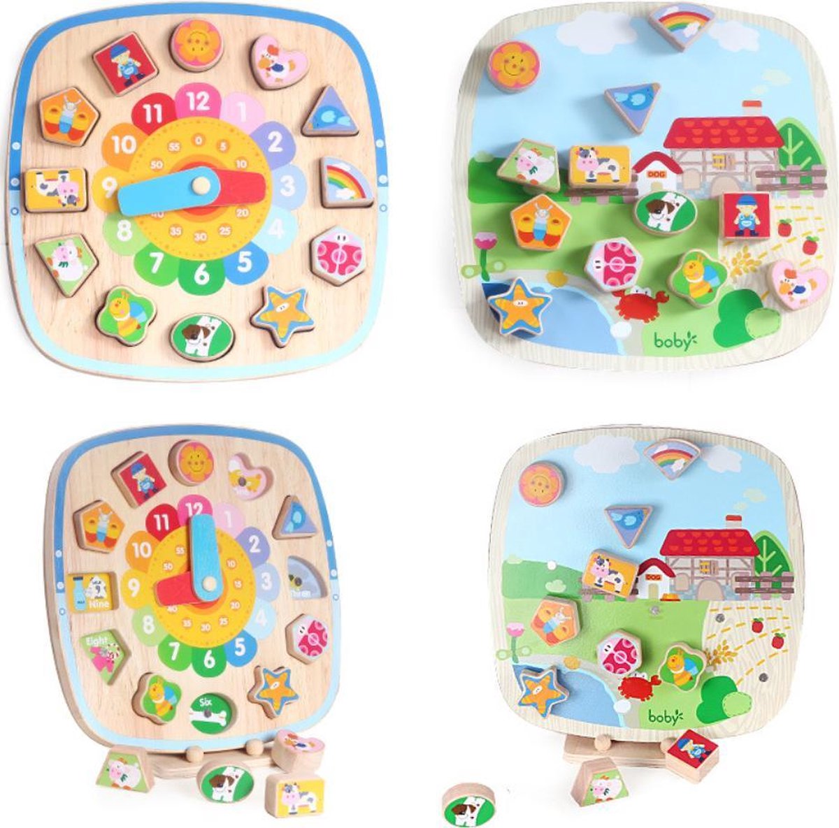Boby 2-in-1 Dubbelzijdig Leer Klokkijken met Magnetische Vormenstoof en Sokkel- Massief Houten Ronde Leerklok - Houten Klokpuzzel 13-delig - Steekpuzzel Klok & Leer Cijfers & Vormenspel & Vormenstoof - Leerklok met sorteerfunctie