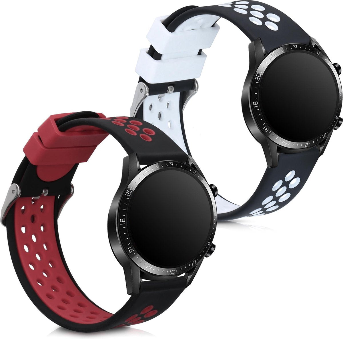 kwmobile 2x horlogeband voor Huawei Watch GT2 (46mm) - siliconen band voor fitnesstracker - zwart / wit / zwart / rood