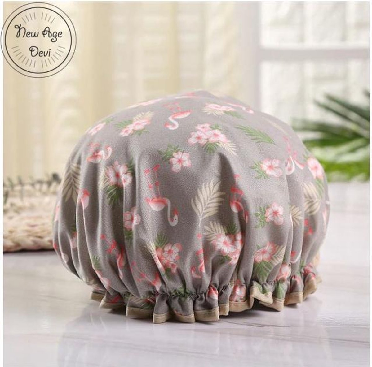 New Age Devi - Dikke 1 Stuks Douche muts - Shower Cap - Grijs - Roze Flamingo - Waterdicht - BadMuts - Dubbele Laag - Haar Cover - Haar Bedekking - Vrouwen DoucheCap - Badkamer Accesoire