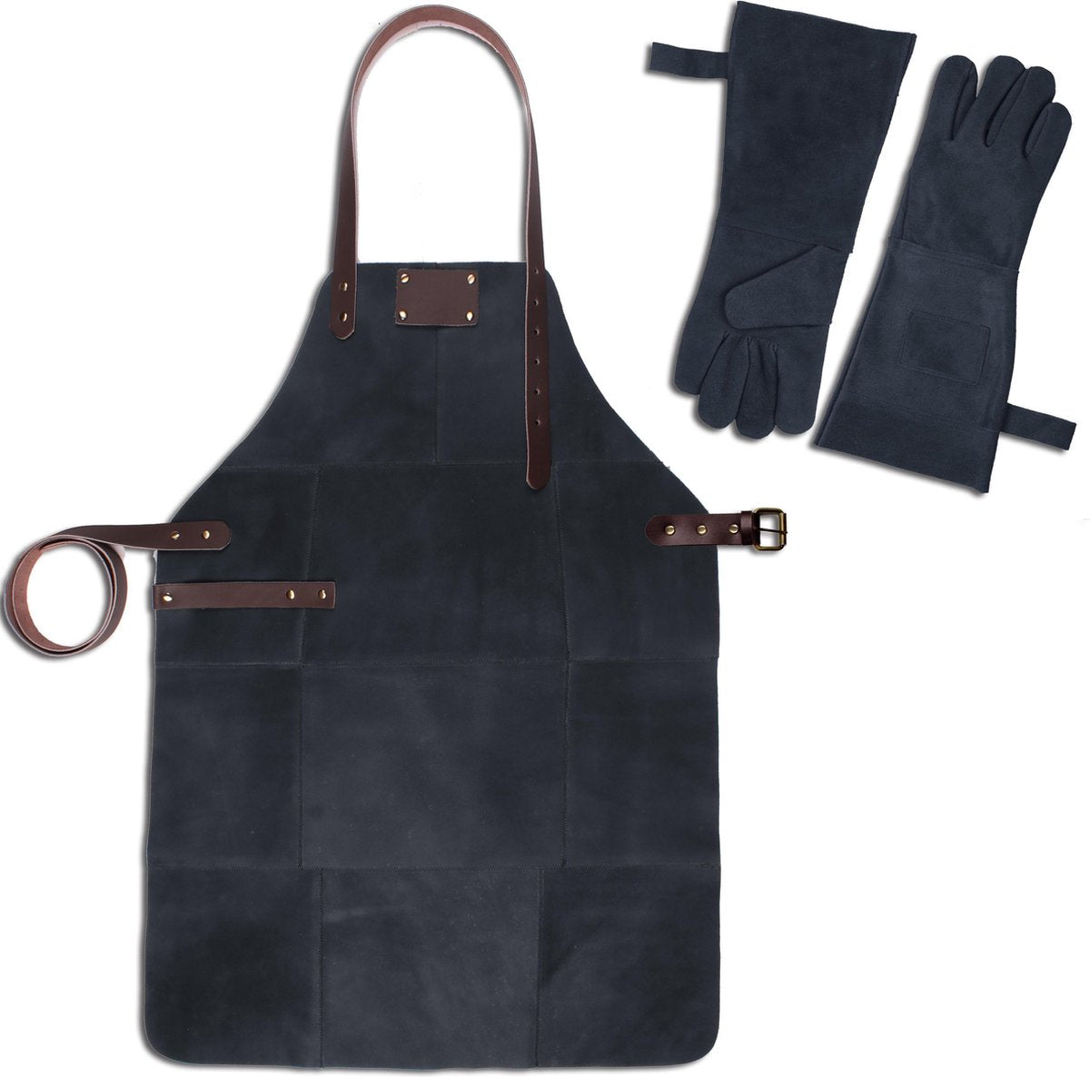 Leren Schort + Leren Handschoenen - Lederen Schort – DONKER GRIJS - Kokschort - BBQ Schort - Kookschort - Vaderdag - 81 cm x 56 cm Inclusief Handschoenen voor de Barbecue